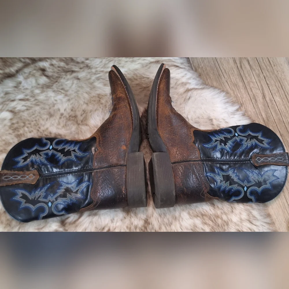 Ariat Tombstone Boys Western Boots Brown Blue Square Toe Size 4 Leather 4LR